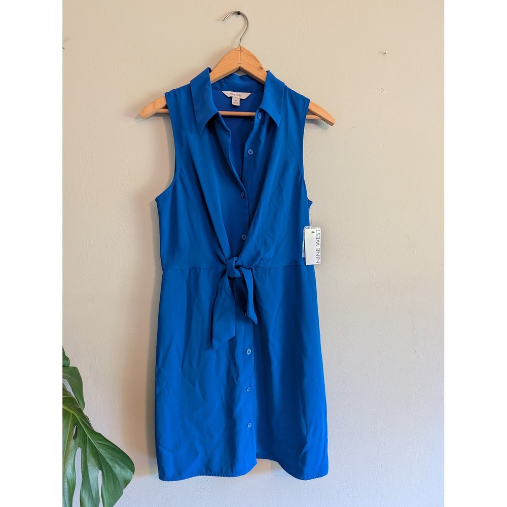 NWT Nine West‎ Royal Blue Tie Front Mini Shirt Dress Sleeveless Gage Blue Medium